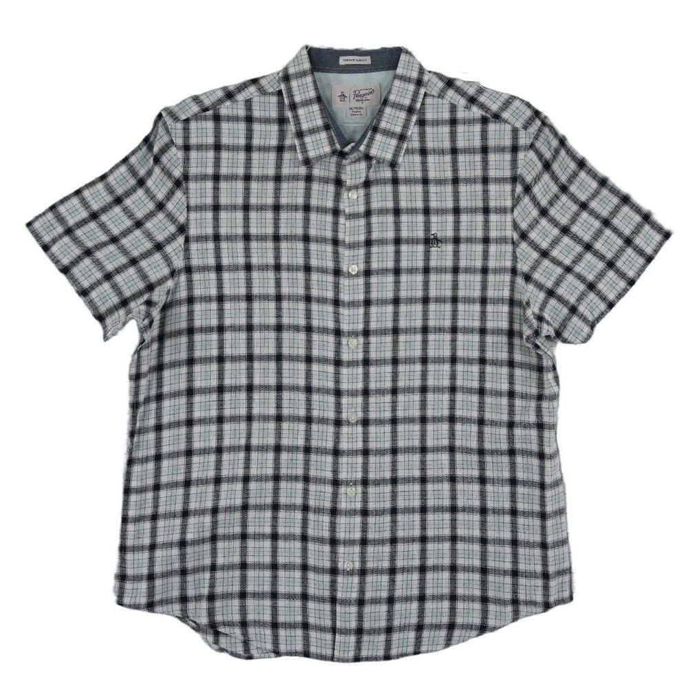 Original Penguin Plaid Shirt Men's Size XL Gray White Slim Fit Short Sleeve
